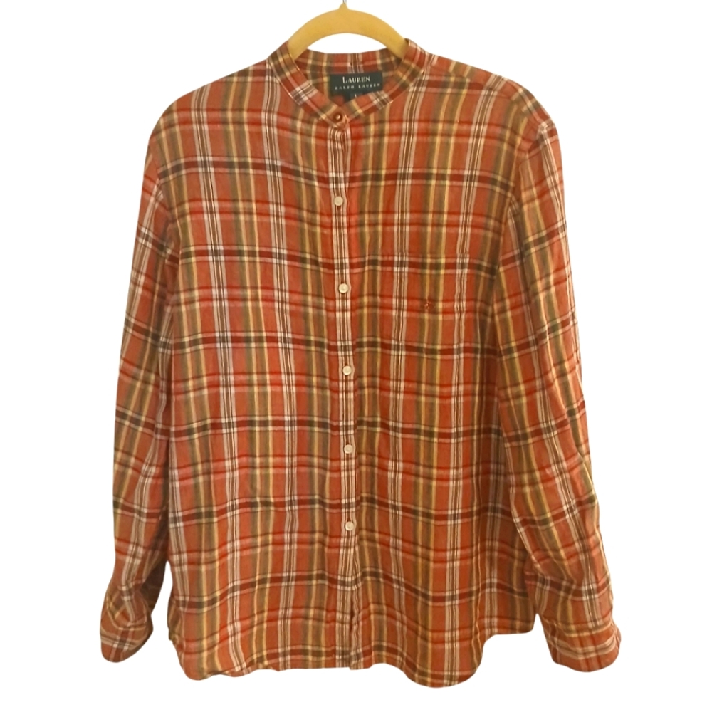 Lauren By Ralph Lauren Women's 100% Linen Red Plaid Top With Banded Collar...